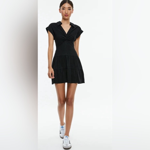 Alice + Olivia Sleeveless Mila Linen Twist Front Black Mini Dress - Picture 9 of 11